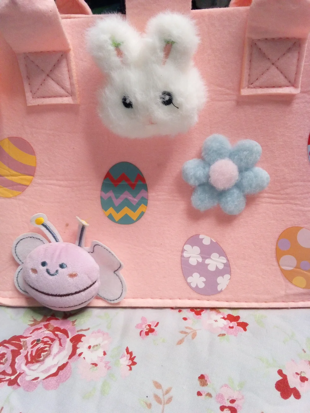 Cute Pink Kids Tote Bag with Plush Bunny and Easter Egg Accents
